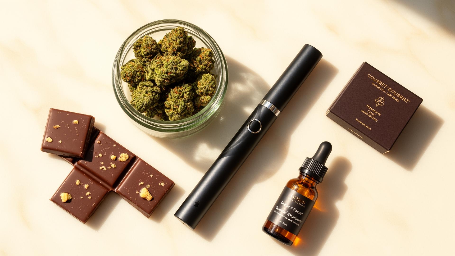 Curated cannabis products on a marble surface